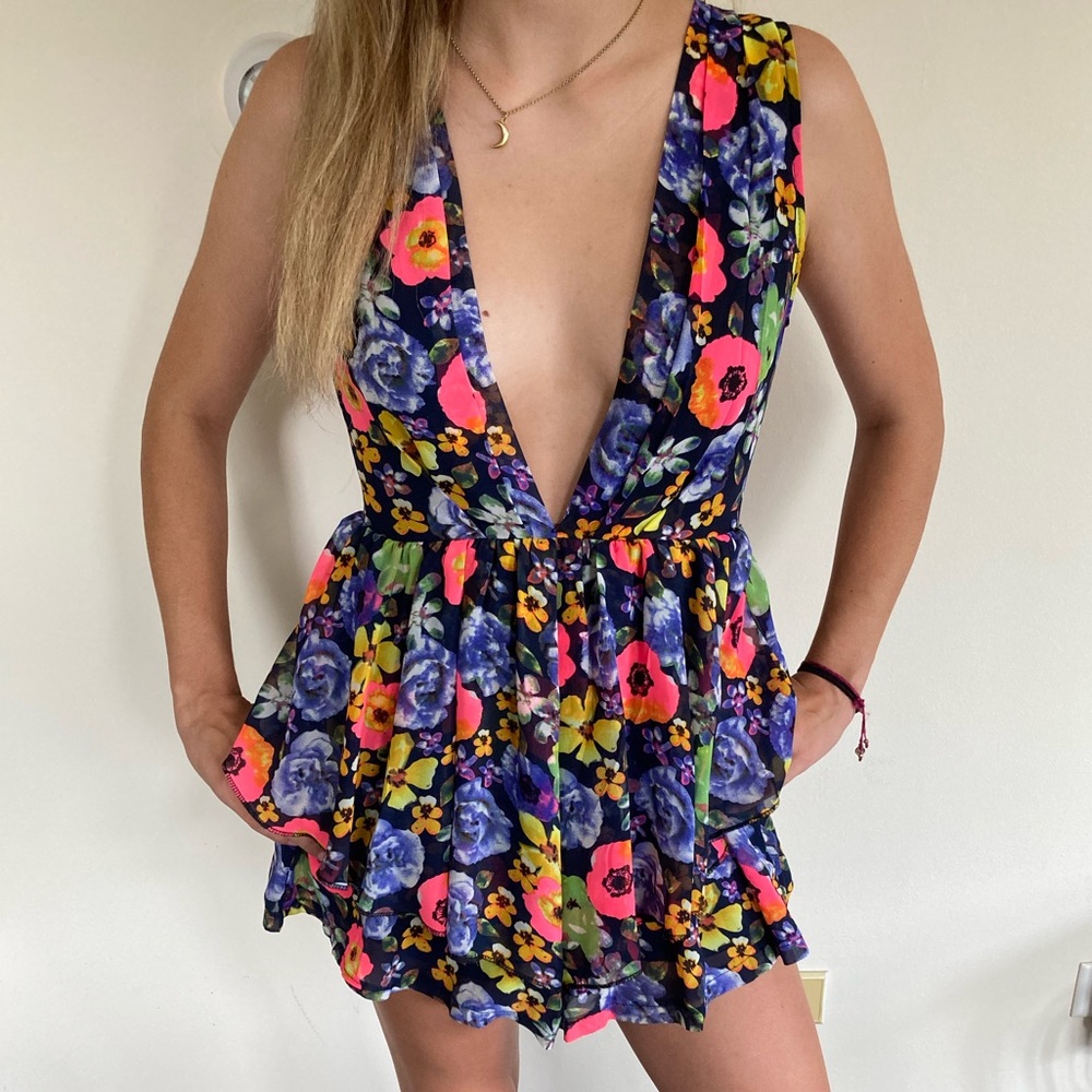 LF floral plunging neckline romper